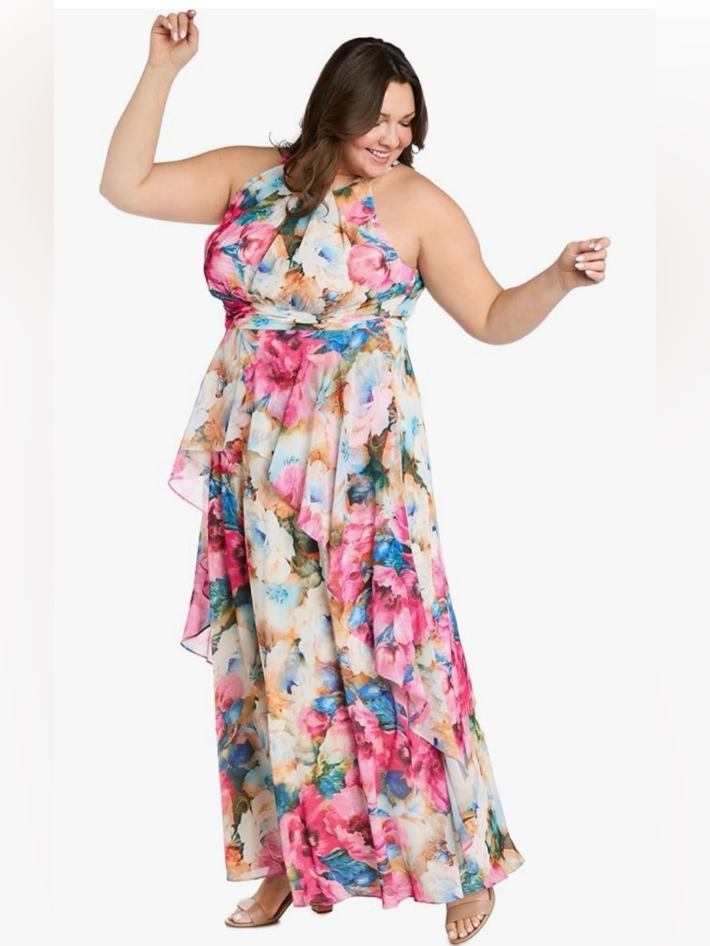 NWT Size 14W R&M Richards watercolor floral chiffon halter maxi dress